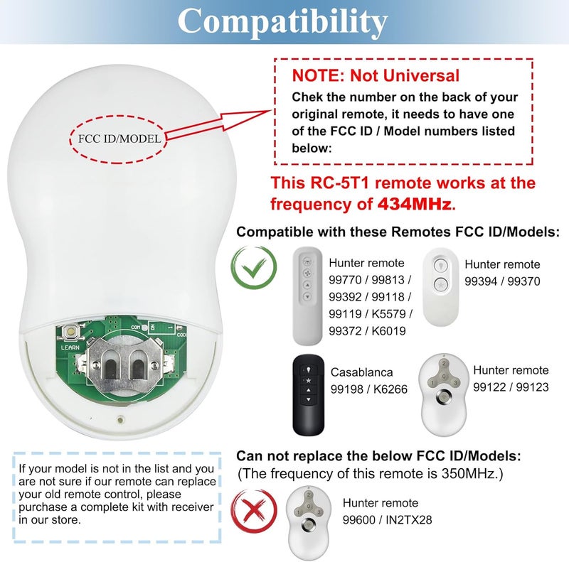 Onisamt Ceiling Fan Remote Control Replacement for Hunter, Compatible with Hunter Remote 99122/99123, 3 Speed, Light Dimmer, 434MHz, Easy to Set with Mount Holder, Remote only - Receiver Not Included - Image 4